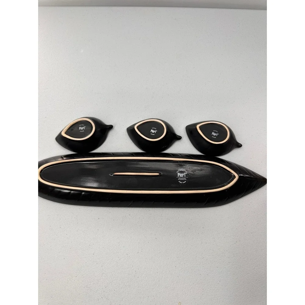 Pier 1 Imports Leaf Serving Tray Set Stoneware 4pc Green Dipping Bowls Farmhouse